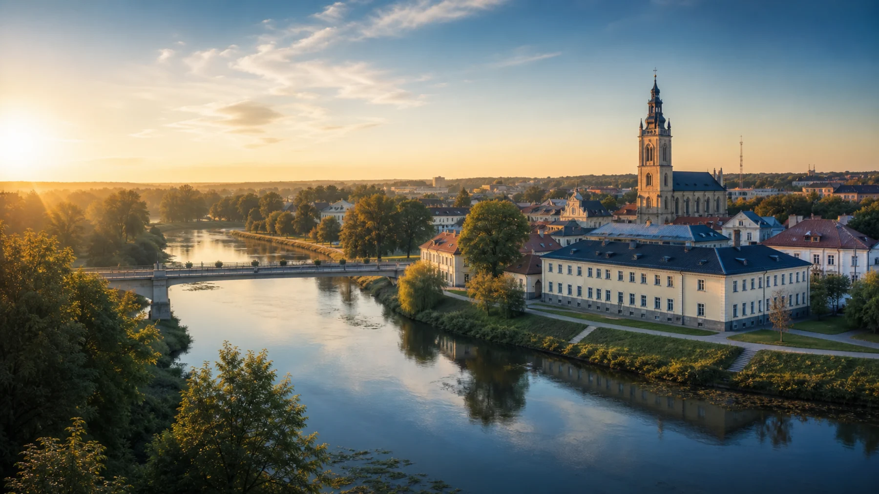 Ukmerge miesto upės pakrantė ryto šviesoje